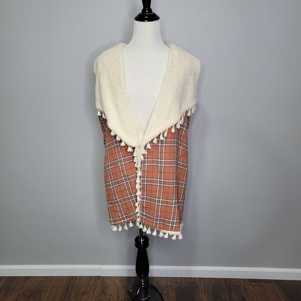 Easel Soft Sherpa Lined Orange Plaid Vest  Womens‎ Size Large Cozy Warm